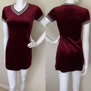 Vintage 90s y2k Burgundy Wine Velvet Velour Stretchy V Neck Mini Skater Dress XS